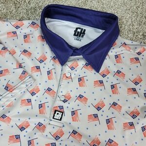 Greater Half Mens Large White AOP USA Flag Performance Stretch Golf Polo SS